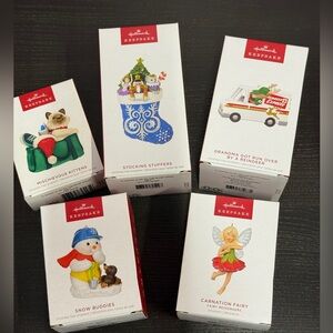 5 2023 BRAND NEW Hallmark Keepsake Christmas Ornaments Stocking, Cat, Snowman